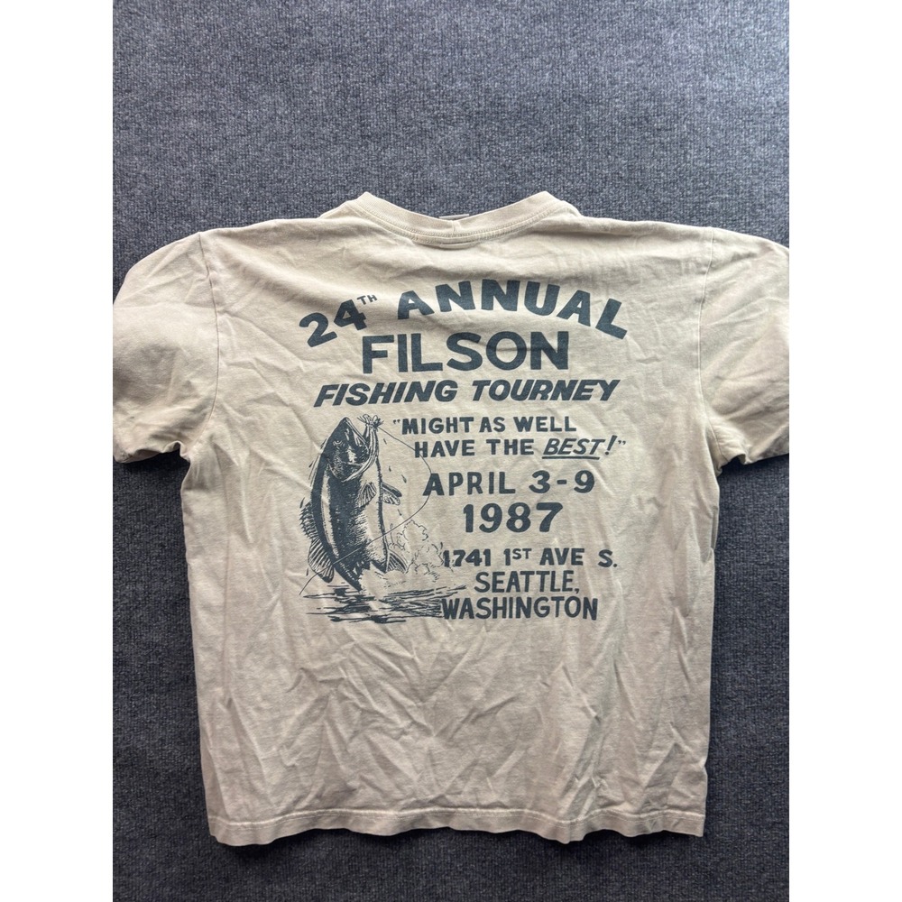Filson T-Shirt Mens Large Tan 24th Annual Fishing Tourney 1987 Graphic USA Made
